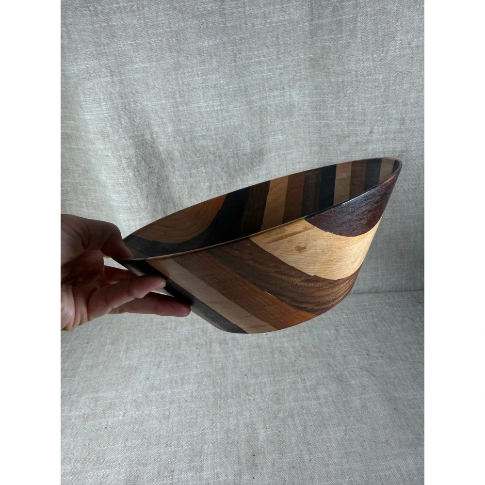 Wooden Striped Bowl Good Vintage Handcrafted Mixed Wood Inlay Geometric 9.5in